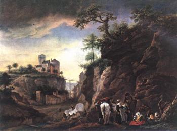 菲利普斯 沃夫曼 Rocky Landscape with resting Travellers
